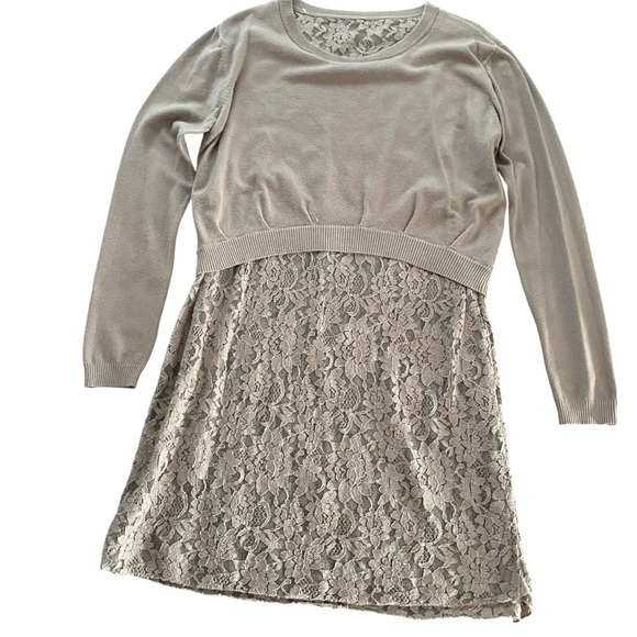 Elegant taupe long-sleeve dress tunic soft knit top lace skirt tag missing S/M - Picture 4 of 5